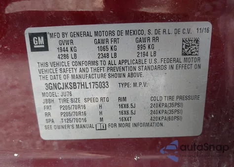 2017 Chevrolet Trax Ls z USA, uszkodzony, nr VIN 3GNCJKSB7HL175033